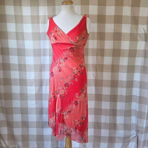 Windsor Dresses & Skirts - Vtg Y2K 00s Windsor Mesh Red Orange Floral Whimsical Asymmetrical Hem Dress L